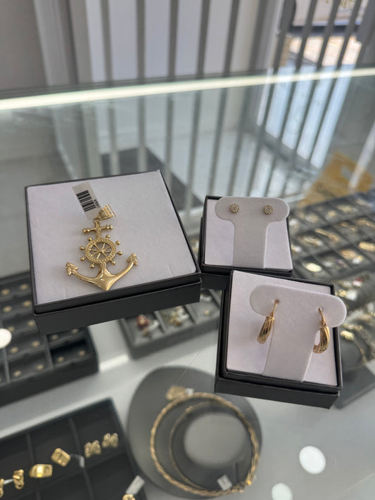 Anchor Pendant, stud earrings and 10k hoops